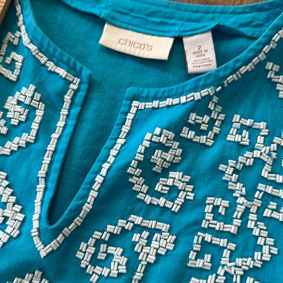 Chico’s size 2 blue beaded linen cotton blend top - Picture 4 of 8
